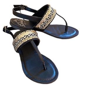 Fergalicious Frazzle Black Size 5.5M Beaded Bling Boho Chic Gladiator Sandals